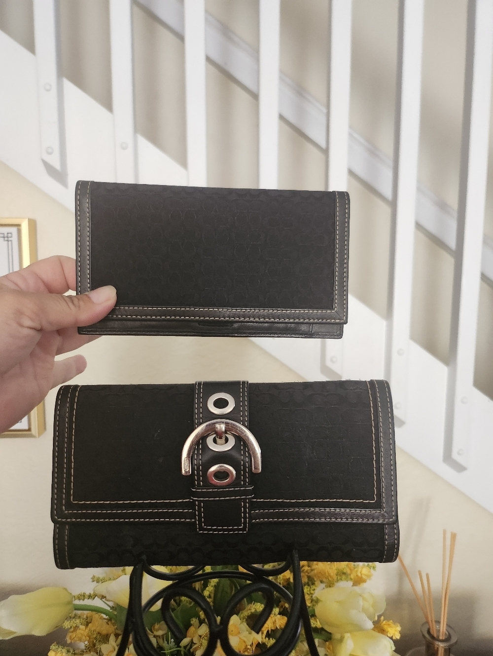 Coach Hampton Signature Black Buckle Wallet & check book cover
